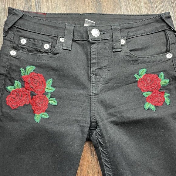 True Religion Black Super Skinny Rose Embroidered Jeans Womens Size 29x29 - Picture 3 of 11